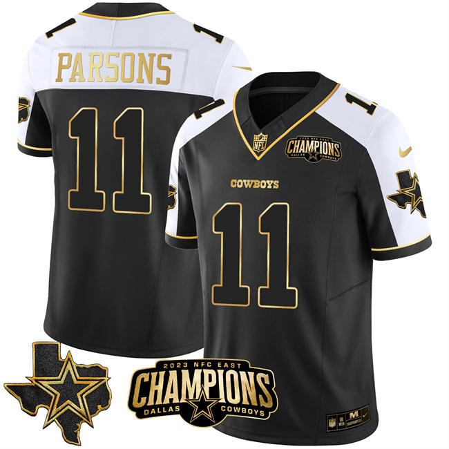 Men's Dallas Cowboys Active Player Custom Black/White/Gold 2023 F.U.S.E. NFC East Champions Patch Stitched Football Jersey